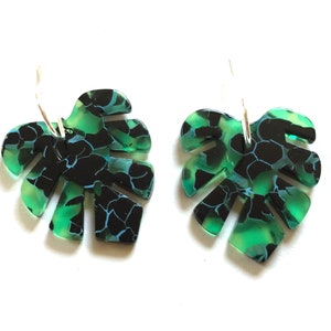 Monstera Leaf Resin Earrings: Sterling Silver Dangle, Green Statement Jewelry
