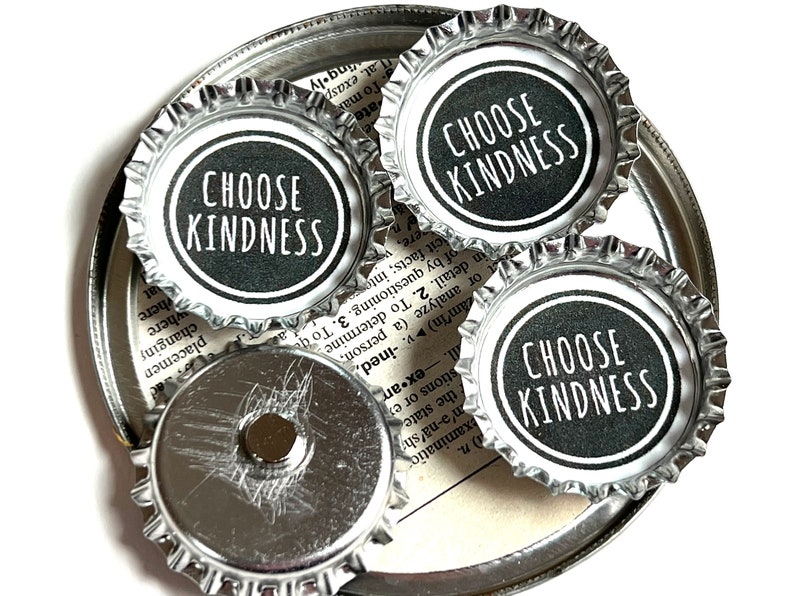 Choose Kindness Magnets Bottlecap Black White Words Kind Love Bottle Cap Repurposed Paper Upcycled Primary Colors Friendship Earth Magnet image 3