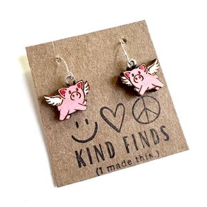 Flying Pig Dangle Earrings: Hand-Painted Wood, Whimsical Jewelry