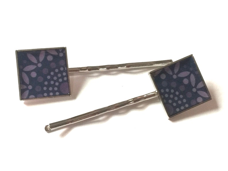 Purple Flower Bobby Pins Hair Barrette Square OOAK Metal Art Accessory Upcycled Recycled Repurposed Art Paper Materials Vintage Swirl Do