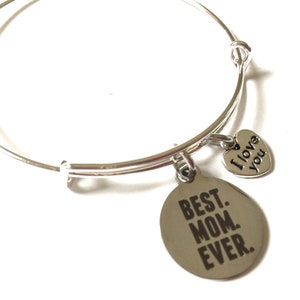 Best Mom Ever Bracelet Mother Adjustable Bangle Jewelry Silver Charm Word Family Love You Inspirational Words Heart Expandable Jewelry OOAK