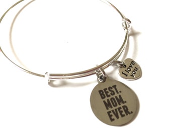 Best Mom Ever Bracelet Mother Adjustable Bangle Jewelry Silver Charm Word Family Love You Inspirational Words Heart Expandable Jewelry OOAK