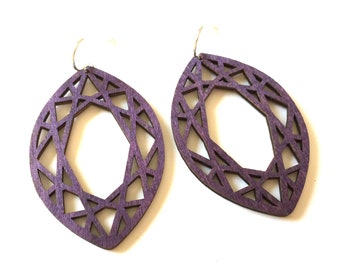 Wood hoop earrings dangle deep purple geometric diamond Statement jewelry lightweight laser cut mandala filigree wood drop earrings