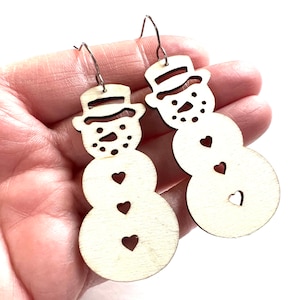 Snowman earrings wood dangle natural wood winter Statement jewelry lightweight laser cut wooden hoops Holiday Christmas Snow drop earrings