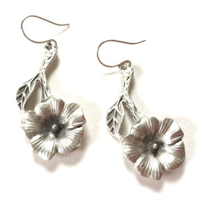 Silver Flower Dangle Earrings: Handmade Floral Wire Hook Jewelry