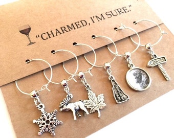 New Hampshire Themed Wine Glass Charms Set of six Cup Tags NH Moose Old Man Camping Maple Whimsical Party Favor Housewarming Gift Vino Charm