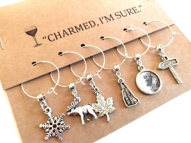 New Hampshire Wine Glass Charms: NH Moose, Camping, Maple - Set of 6