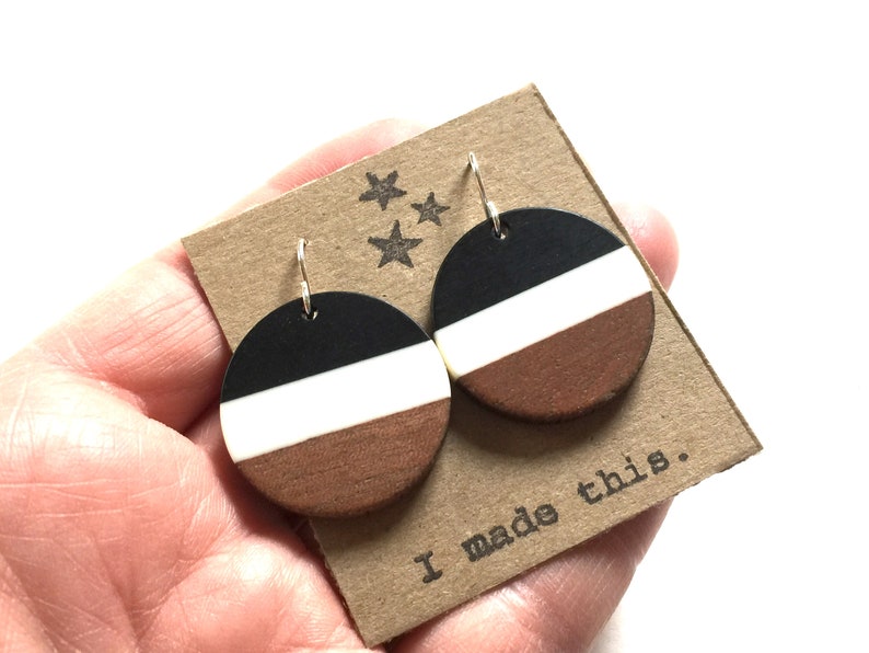 Wood Resin Earrings Dangle Black Stripe Statement Jewelry Wooden Block Color Earrings Unique Minimalist Circle Drop Earring Colorful jewelry