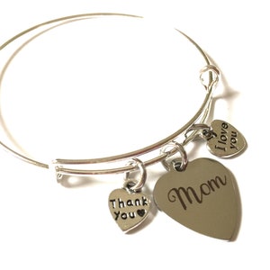 Mom Charm Bangle Bracelet: Silver Heart, &#39;Thank You&#39;, &#39;I Love You&#39;