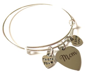 Mom Bracelet Mother Adjustable Bangle Jewelry Silver Charm Word Family Love You Thank You Inspirational Words Heart Expandable Jewelry OOAK