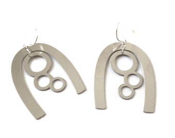 Silver U Earrings Statement Dangle Drop Kinetic Modern Open Hoops Style Wire Hook Statement Dangle Large Open Charm Handmade Funky Jewelry