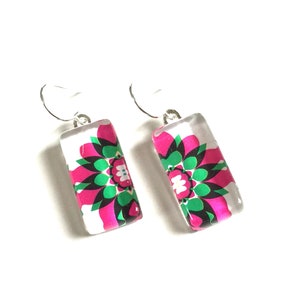 Orecchini Mandala Design Caleidoscopio Fiori 2013 Francobollo Timbro Vetro Piastrelle Orecchini Materiale carta Riciclato Argento Filo Ganci Gioielli