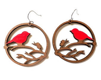 Cardinal Earrings Dangle Wood Statement Hoop Filigree Drop Wire Garden Nature Large Red Bird Laser Cut Wood Bold Jewelry
