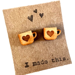 Handmade Wood Coffee Cup Earrings: Heart Teacup, Silver Posts