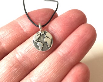 Small Silver Earth Necklace Globe Pendant  Handmade World Charm Unisex Travel Make a Difference int he World Necklace Jewelry