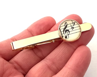 Music Tie Clip Compass Tie Clip Men's Vintage Custom Order Geekery Glass Recycled Paper Upcycled Repurposed Materials Customized Photo Logo