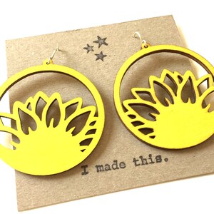 Sunflower Earrings: Yellow Wood Hoop Dangle Earrings