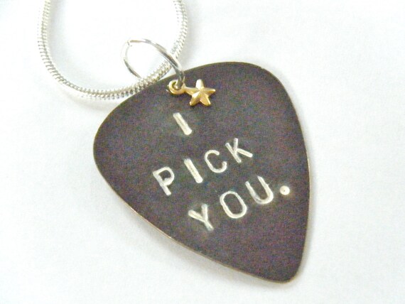 I Pick You Guitar Pick Necklace Hand Stamped Pendant Copper Metal Statement Inspirational Words Positive Message Jewelry Steampunk Mixed Etsy UK