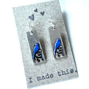 Bluebird of Happiness Earrings Dangle Silver Magical Drop Wire Garden Nature Brass Dangle Blue Bird Charm Statement Jewelry image 1