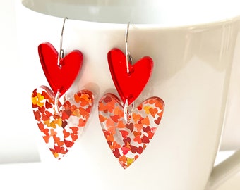 Red Sparkle Heart Dangle Earrings Confetti Resin Clear Mirror Hearts Glitter Hearts Statement Jewelry Party Modern Resin Valentine