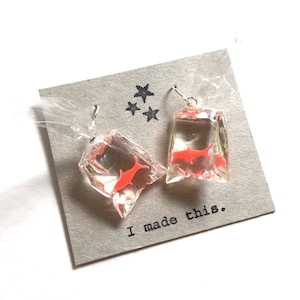 Goldfish in Bag Dangle Earrings: Resin Statement Jewelry