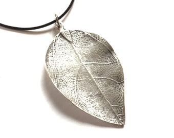 Big Silver Leaf Necklace Pendant Silver Charm Meditative Statement Jewelry Earthy Rustic Nature Lover Outdoorsy Art Gift for Her