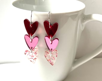 Red Pink Sparkle Heart Dangle Earrings Confetti Resin Cascading Mirror Hearts Triple heart Glitter Statement Jewelry Modern Valentine