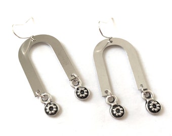 Silver U Earrings Statement Dangle Drop Kinetic Modern Style Wire Hook Statement Dangle Large Open Charm Handmade Funky Jewelry