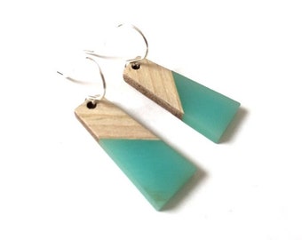 Wood Resin Earrings Dangle Green Turquoise Boho Statement Jewelry Wooden Block Color Earrings Unique Minimalist Trapezoid Earring Colorful