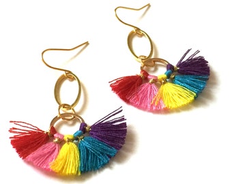 Tassel Earrings Gold Rainbow Dangle Hoops Lightweight Drop Earrings Fan Threads Colorful Statement Jewelry Bold Colors Artist