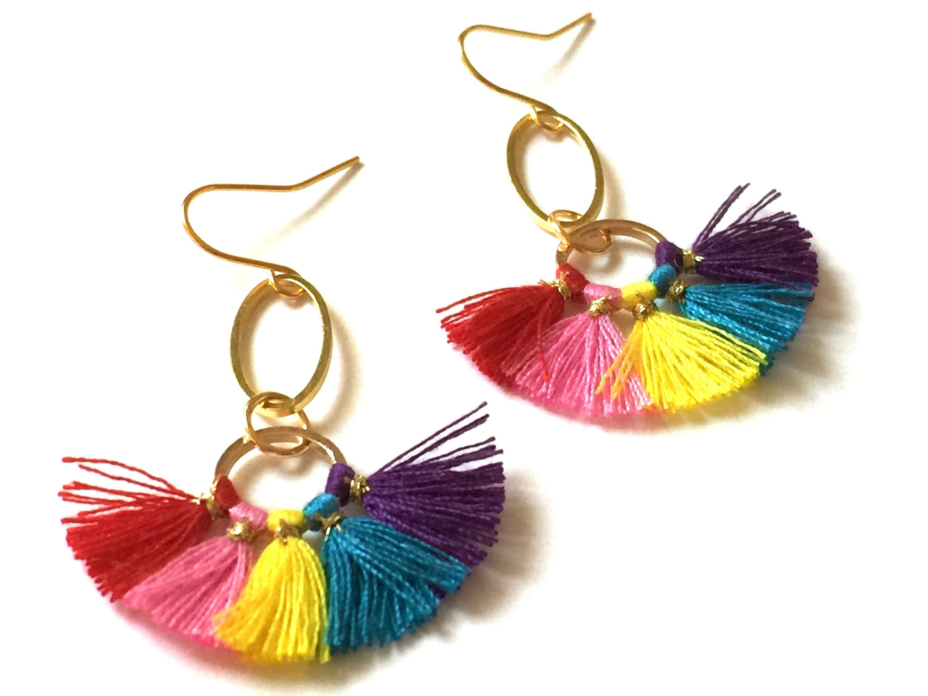 Tassel Earrings Gold Rainbow Dangle Hoops Lightweight Drop