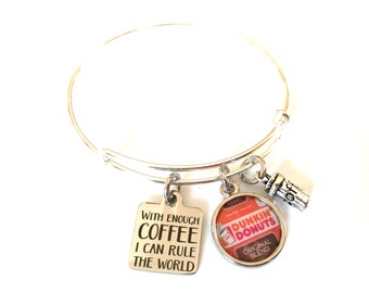 Coffee Cup Bean Quote Adjustable Bangle Bracelet Dunkin' Donuts Silver Charm Upcycled Recycled Material Repurposed Paper Expandable Jewelry