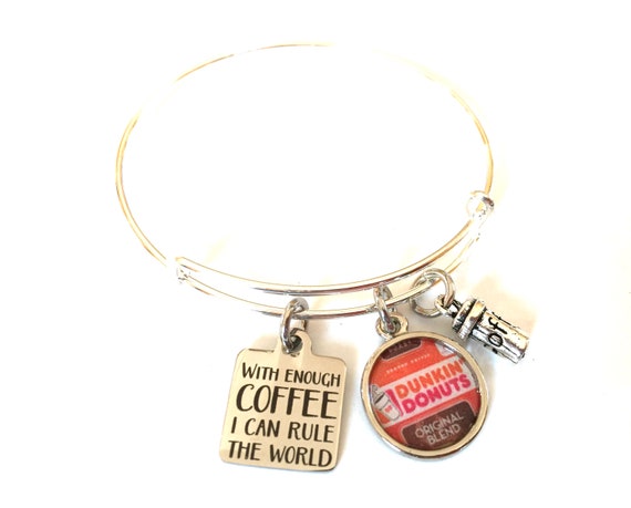 Coffee Cup Bean Quote Adjustable Bangle Bracelet Dunkin Donuts Silver Charm Upcycled Recycled Material Repurposed Paper Expandable Jewelry Etsy