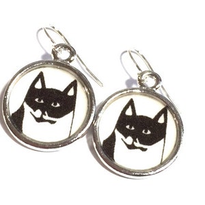 Tuxedo Cat Earrings Whimsical Black White Cats Kitty Kitties Recycled Material Upcycled Paper Repurposed Silver Hooks Dangle Jewelry Art