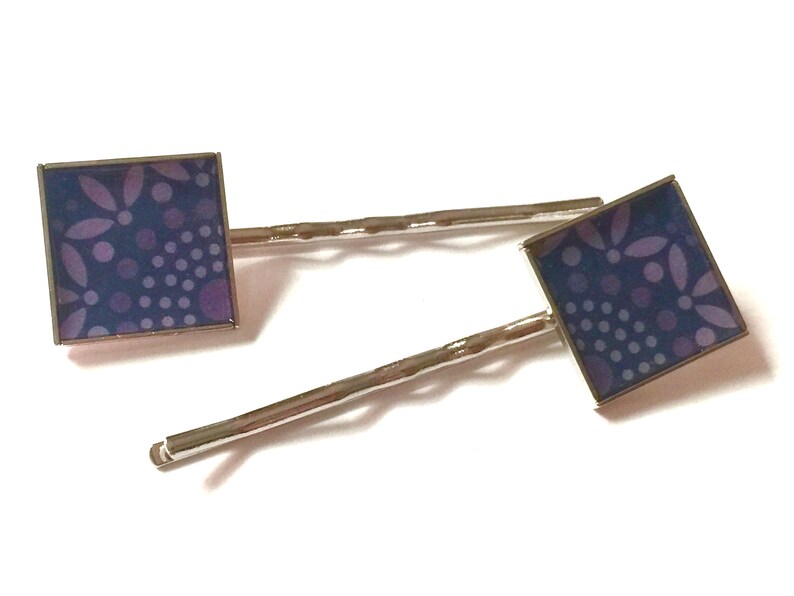 Purple Flower Bobby Pins Hair Barrette Square OOAK Metal Art Accessory Upcycled Recycled Repurposed Art Paper Materials Vintage Swirl Do