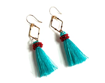 Turquoise Tassel Earrings Gold Dangle Diamond Hoops Lightweight Drop Earrings Threads Colorful Statement Jewelry Bold Colors Artist