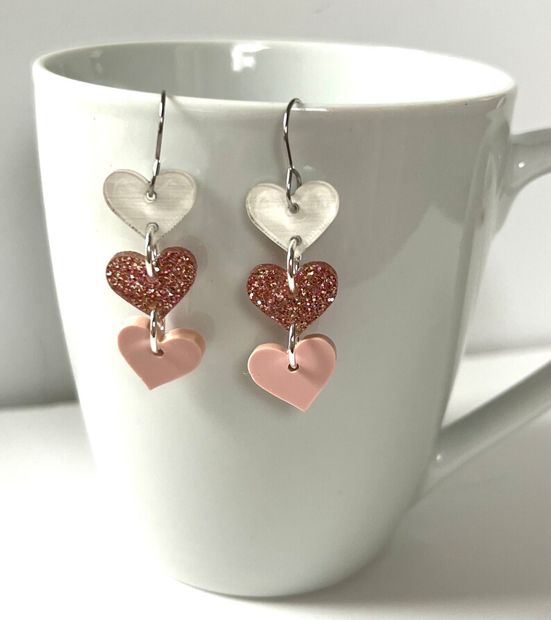 Pink Sparkle Heart Dangle Earrings Confetti Resin Clear Mirror Hearts Glitter Statement Jewelry Party Modern Resin Valentine image 5