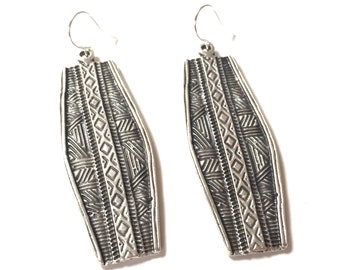 Long Silver Dangle Earrings Rectangle Drop Textured Style Image Wire Hook Statement Dangle Rustic Charm Handmade Bohemian Funky Jewelry
