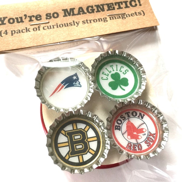 New England Sports Magnets Red Sox Celtics Bruins Patriots Fan Football Hockey Bottlecap Bottle Cap Repurposed Paper Upcycled Earth Magnet