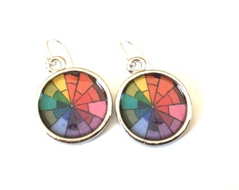 Rainbow Earrings Dangle OOAK Paint Palette Colorful Bright Art Silver Recycled Material Repurposed Magazine Upcycled Paper Artist Jewelry