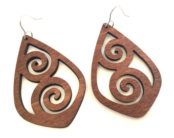 Wood earrings dangle brown swirl spiral Statement jewelry lightweight neutral color laser cut teardrop geometric wood drop earrings