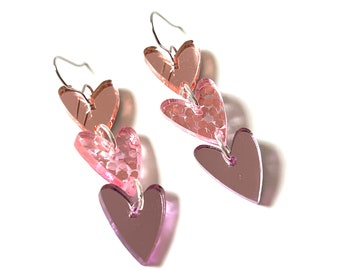 Pink Purple Sparkle Heart Dangle Earrings Confetti Resin Cascading Mirror Hearts Triple heart Glitter Statement Jewelry Modern Valentine