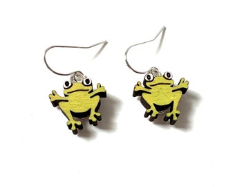 Frog Earrings Dangle Amphibian Hand Painted Wood Toad Frogs Summer Froggies Lightweight OOAK Jewelry