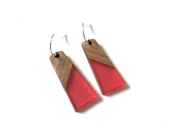 Wood Resin Earrings Dangle Red Boho Statement Jewelry Wooden Block Color Earrings Unique Minimalist Trapezoid Drop Earring Colorful jewelry