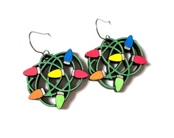 Christmas Lights Earrings Dangle Tangled Lights Holiday Colorful Lightweight Wood Statement Hand Painted Laser Cut Out Dangle