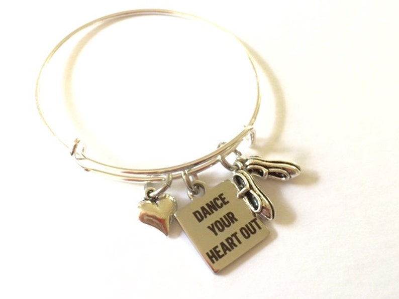 Tap Shoes Charm Bracelet Dancer Adjustable Bangle Silver Word Dance Your Heart Out Leaping Ballet Inspirational Expandable Jewelry OOAK Art