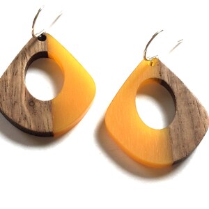 Wood Resin Dangle Earrings: Yellow Geometric Sterling Silver