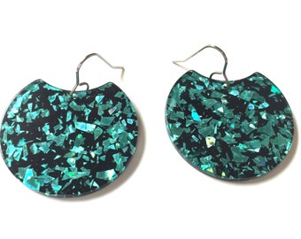 Turquoise Earrings Dangle Speckled Resin Sparkle Statement Jewelry Bold Green Modern Unique Resin Circle Drop Earring Colorful jewelry