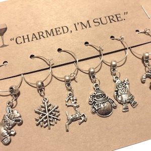 Christmas Themed Wine Glass Charms Set of six Cup Tags Winter Snowman Reindeer Santa Whimsical Party Favor Housewarming Gift Vino Charm