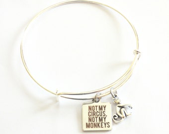 Not My Circus Not My Monkeys Quote Adjustable Bangle Bracelet Monkey Silver Charm Humorous Saying Funny Mantra Reminder Expandable Jewelry